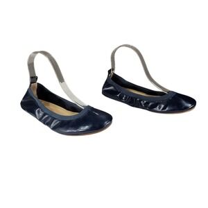 Yosi Samra Foldable Ballet Flats sz 7 Women Navy Blue Leather Elastic Comfort